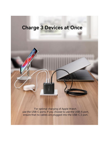 Cargador USB-C 65W MINLU 3 Puertos GaN con Cable 2 en 1