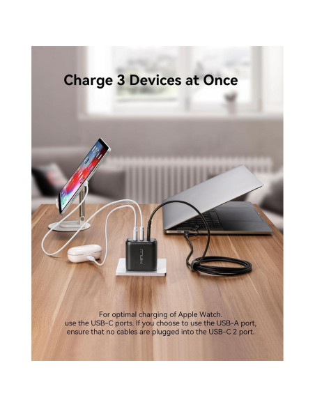 Cargador USB-C 65W MINLU 3 Puertos GaN con Cable 2 en 1