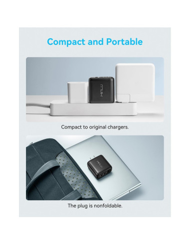 Cargador USB-C 65W MINLU 3 Puertos GaN con Cable 2 en 1