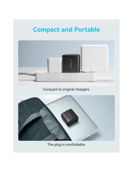 Cargador USB-C 65W MINLU 3 Puertos GaN con Cable 2 en 1