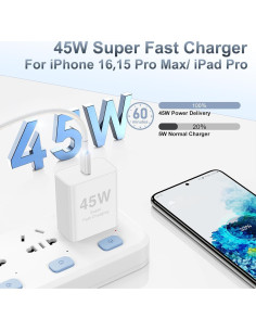 Cargador Rápido 45W USB C para iPhone 17/16/15 y iPad 2