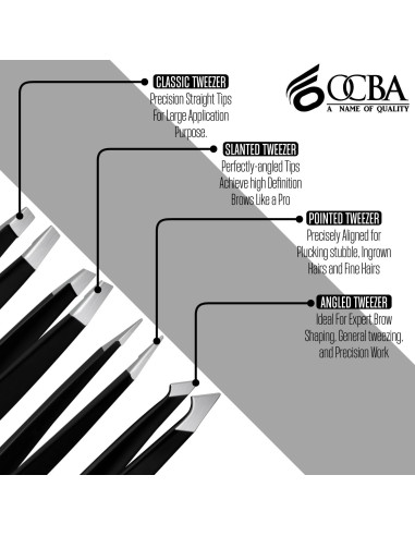 Juego de 4 Pinzas de Cejas OCBA Acero Inoxidable Negro