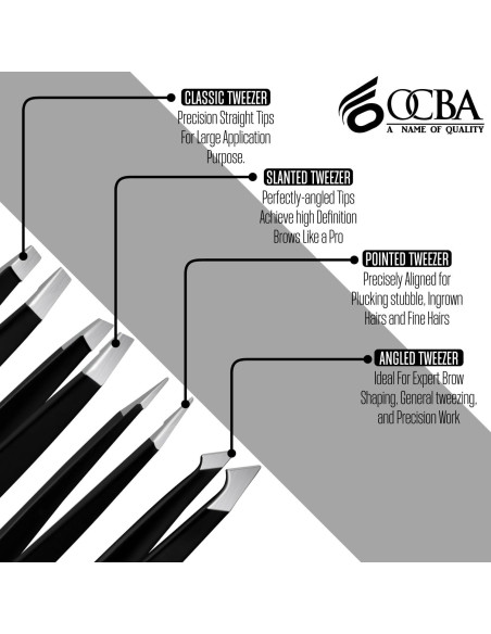 Juego de 4 Pinzas de Cejas OCBA Acero Inoxidable Negro