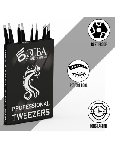 Juego de 4 Pinzas de Cejas OCBA Acero Inoxidable Negro