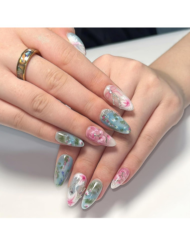 Uñas Postizas Almendra Media Jremg 24Pcs Diseño Floral