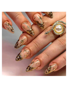 Uñas Postizas Cortas Almendra Doradas 24 Piezas ABS