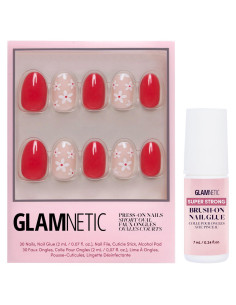 Glamnetic Uñas Postizas Flor Roja con Pegamento en Brocha - Kit 30 Uñas