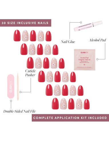 Glamnetic Uñas Postizas Flor Roja con Pegamento en Brocha - Kit 30 Uñas
