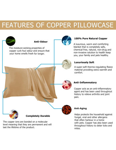 Funda de Almohada de Cobre VEJESIME 70x48cm Oro Antienvejecimiento