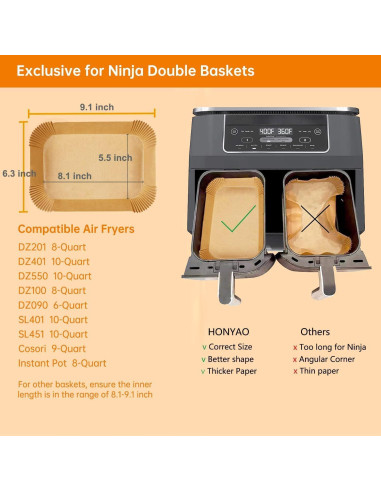 Forros de Papel para Freidora de Aire HONYAO 200 Pcs 20.6x14 cm
