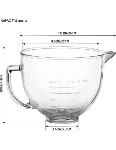 Tazón de Mezcla de Vidrio MOLIGOU 5 Litros Compatible Kitchenaid