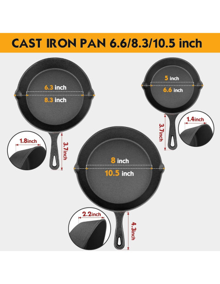 Juego de Sartenes de Hierro Fundido Rincentd - 3 Piezas 15-25 cm