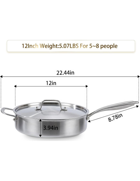 Sartén Jumbo DELARLO 7QT Acero Inoxidable 12 Pulgadas con Tapa