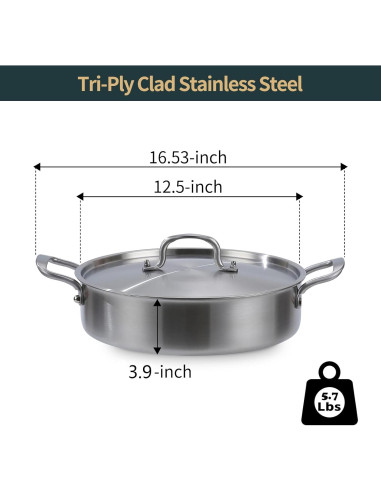 Sartén Profunda Yeksum de Acero Inoxidable 7QT con Tapa