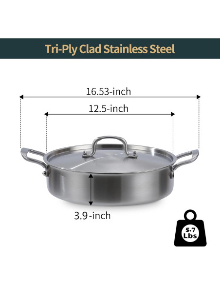 Sartén Profunda Yeksum de Acero Inoxidable 7QT con Tapa