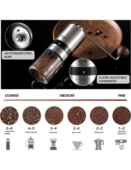 Molinillo de Café Manual VEVOK CHEF Acero Inoxidable 6 Niveles