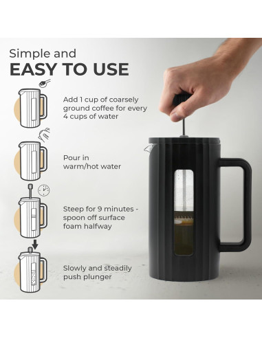 Prensa Francesa de Café Kaffe 1L - Vidrio Borosilicato Negro Mate