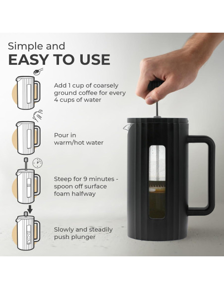 Prensa Francesa de Café Kaffe 1L - Vidrio Borosilicato Negro Mate