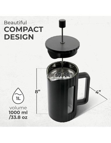 Prensa Francesa de Café Kaffe 1L - Vidrio Borosilicato Negro Mate