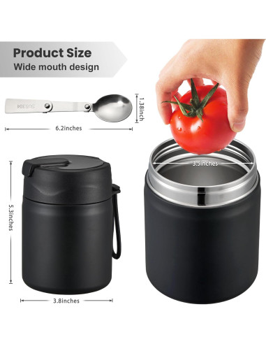 Termo de Sopa Howeemo 502 ml Acero Inoxidable Aislado Negro