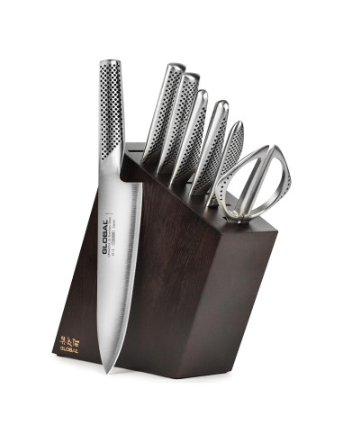Juego de cuchillos Global 8 piezas con bloque de nogal oscuro