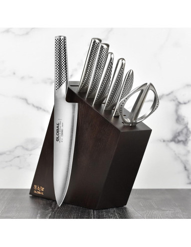 Juego de cuchillos Global 8 piezas con bloque de nogal oscuro