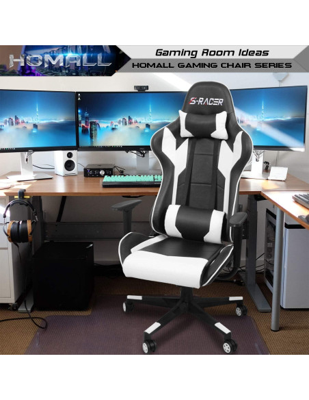 Silla Gaming Homall Ergonómica Ajustable Cuero Blanco