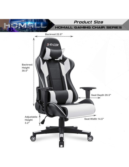 Silla Gaming Homall Ergonómica Ajustable Cuero Blanco