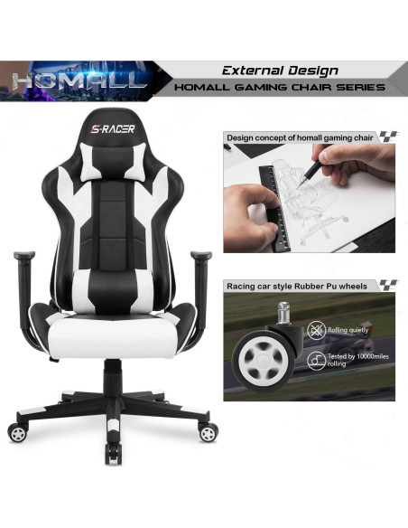 Silla Gaming Homall Ergonómica Ajustable Cuero Blanco