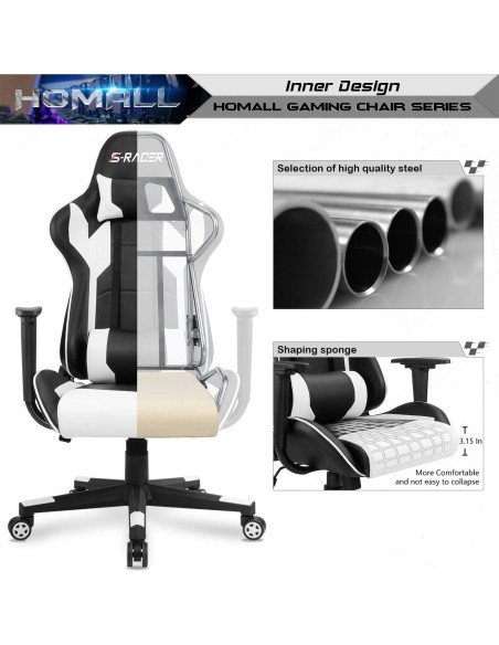 Silla Gaming Homall Ergonómica Ajustable Cuero Blanco