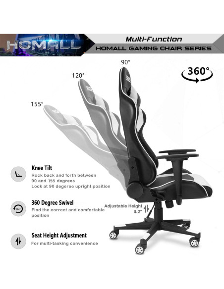 Silla Gaming Homall Ergonómica Ajustable Cuero Blanco