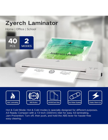 Laminadora Térmica A3 Zyerch 7 en 1 con 40 Fundas