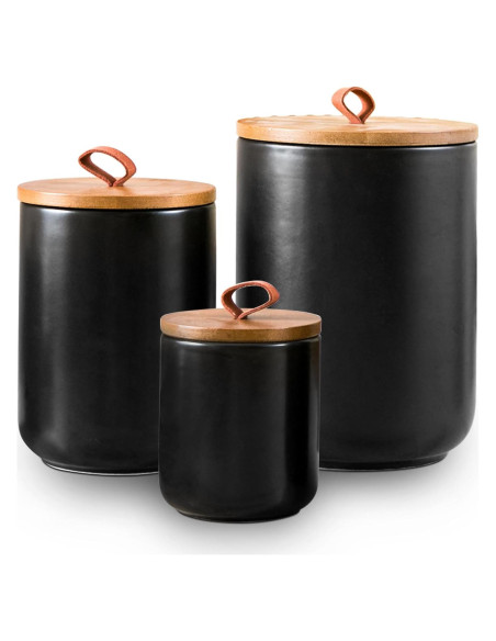 Juego de 3 Tarros de Cerámica Negra Kendiis con Tapa Hermética