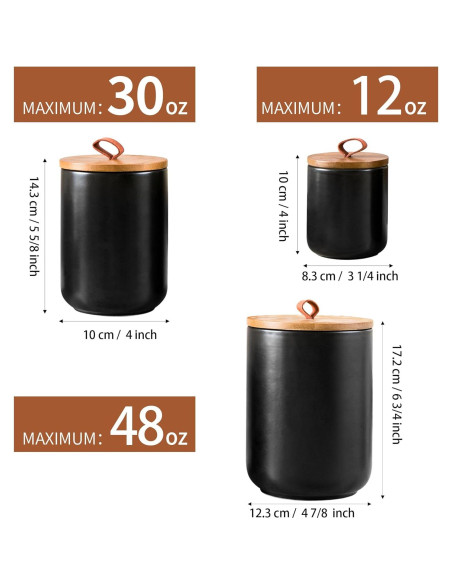 Juego de 3 Tarros de Cerámica Negra Kendiis con Tapa Hermética
