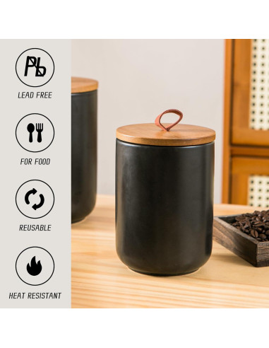 Juego de 3 Tarros de Cerámica Negra Kendiis con Tapa Hermética