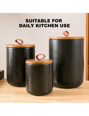 Juego de 3 Tarros de Cerámica Negra Kendiis con Tapa Hermética