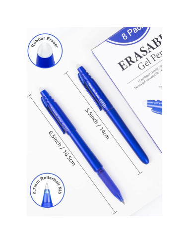 Bolígrafos de Gel Borrables KERIFI 0.7mm Azul - Paquete de 8