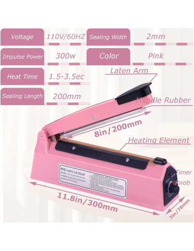 Sellador Térmico Manual de Bolsas WINTOWIN 20 cm Rosa
