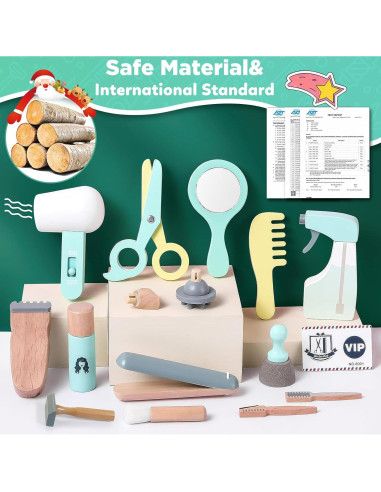 Juego de Peluquería de Madera KIDBEST 18 Piezas para Niños