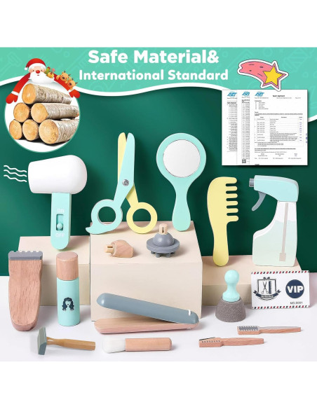 Juego de Peluquería de Madera KIDBEST 18 Piezas para Niños