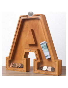 Banco de Monedas Personalizado de Madera 26 Letras - Ahorro Infantil