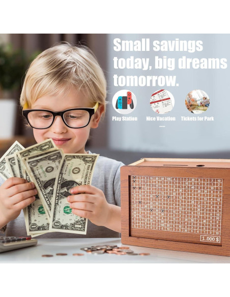 Caja de Ahorro de Dinero MoliDow 2 Packs Madera 10,000 Objetivos