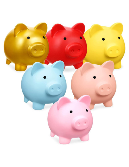 Paquete de 6 Alcancías de Plástico Cerdo Coloridas 15.24 cm