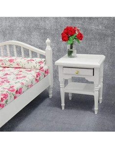 Mesa de Noche de Madera Blanca EatingBiting 1:12 con Cajón 2