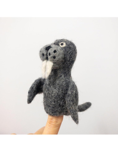 Títere de dedo de morsa gris hecho a mano - Ganapati Crafts