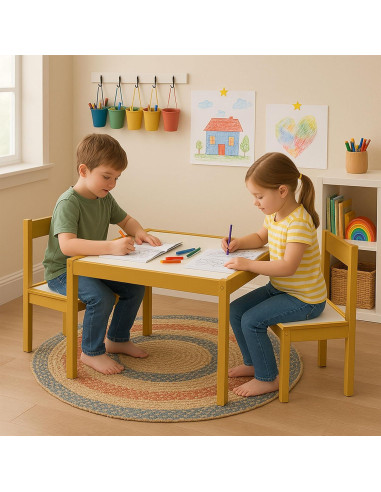 Conjunto de Mesa y Sillas de Madera PJ Wood 3 Piezas para Niños