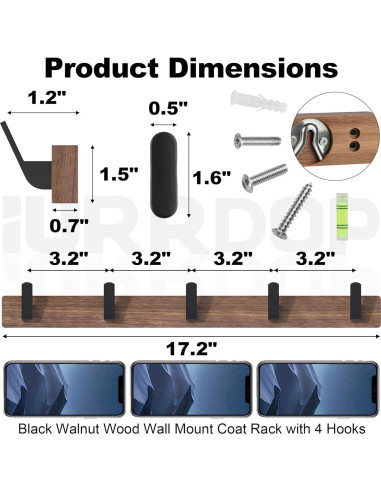 Perchero de pared IURRDOP de nogal 43 cm con 5 ganchos