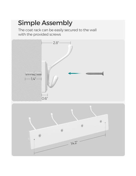 Perchero de Pared SONGMICS Blanco con 4 Ganchos Triangulares Perchero de Pared SONGMICS Blanco con 4 Ganchos Triangulares