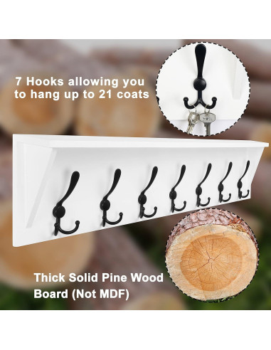 Perchero de pared Dseap con estante y 7 ganchos triples blanco