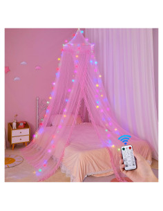 Dosel de Cama Unicornio Rosa con Luces LED y Temporizador
